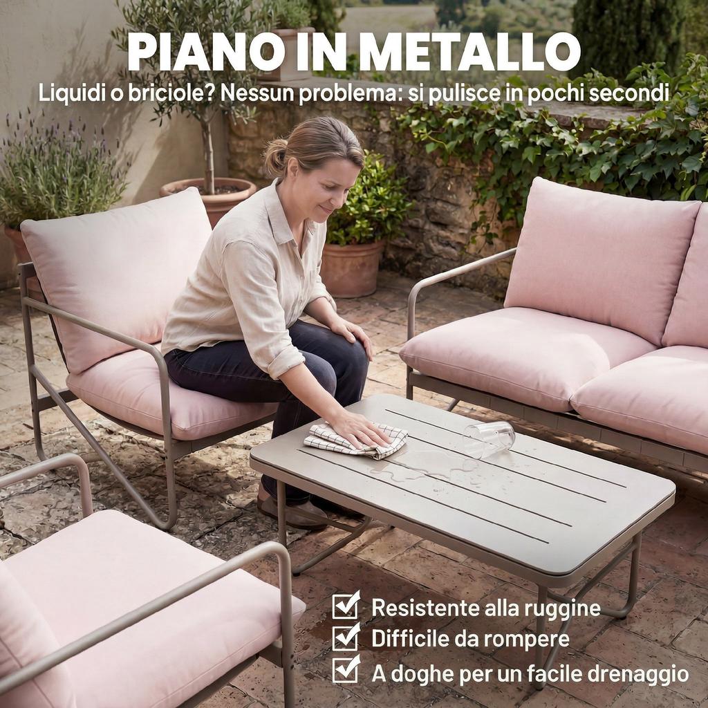 Garden Set for 4 People: Sofa, Armchairs, Table, Metal, Pink