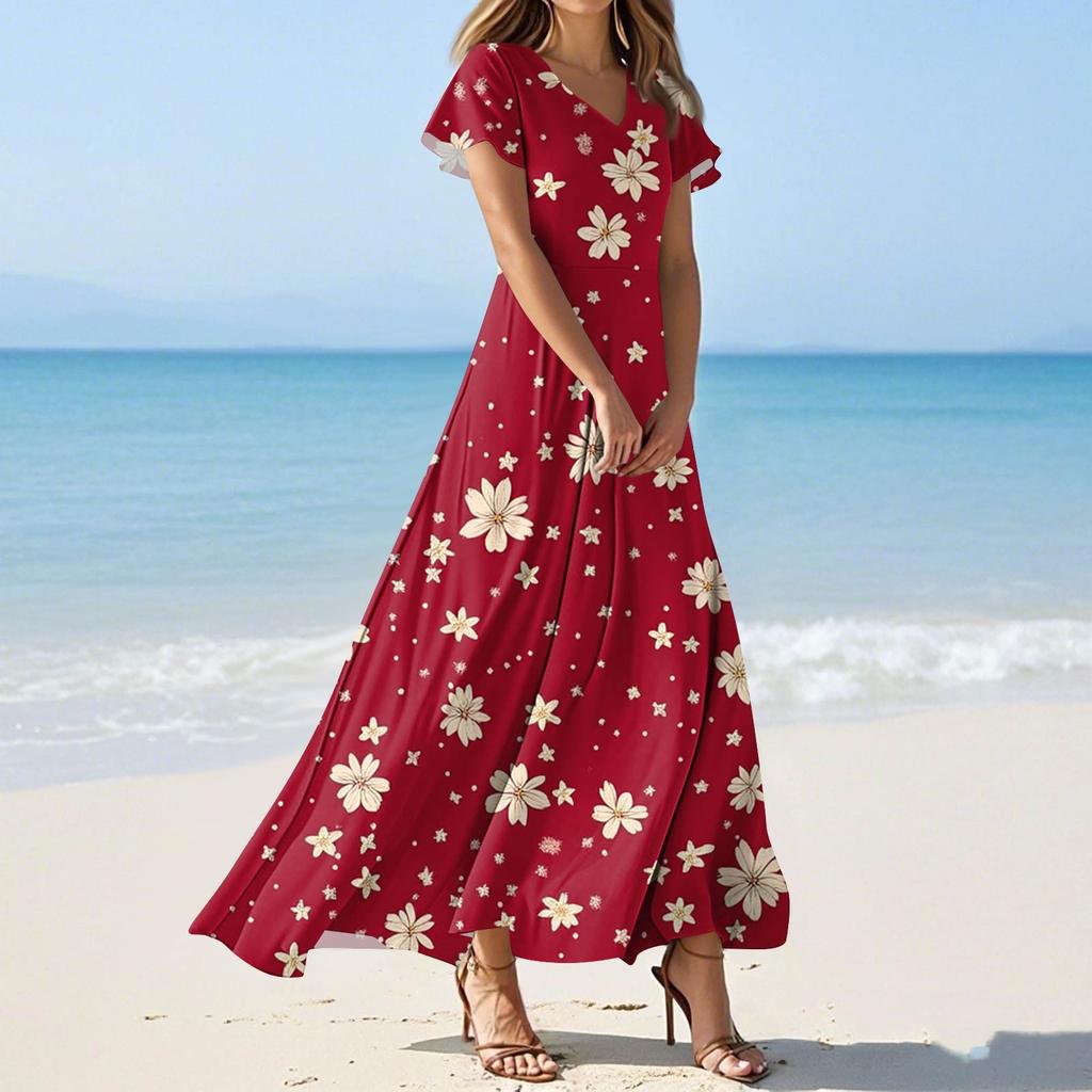 Женские летние повседневные модные платья с принтом и короткими рукавами и V-образным вырезом
