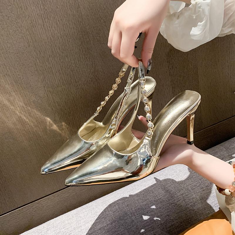 Серебристые женские туфли-лодочки на блестящем высоком каблуке с открытой пяткой, сандалии с металлическими кристаллами, туфли на шпильке с острым носком, вечерние модельные туфли, женские туфли