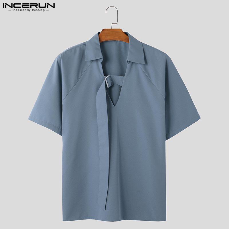 INCERUN Летние мужские однотонные повседневные футболки с коротким рукавом и металлической пряжкой на шее