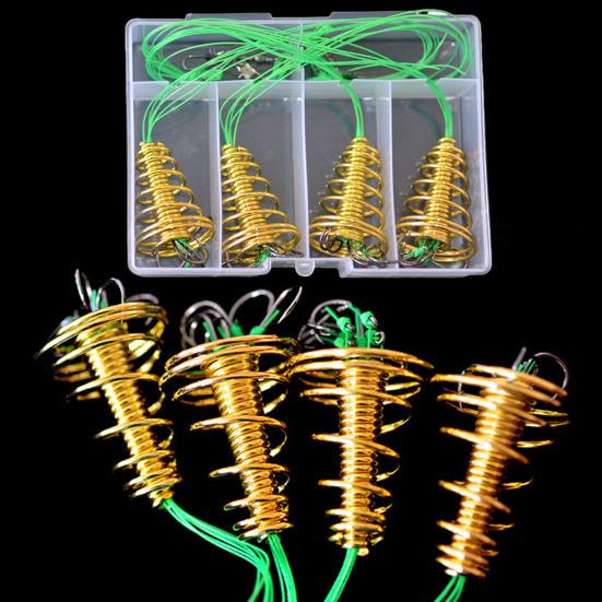 4Pcs/Set Trap Fishing Hook with Spring Carp Feeder Tangle-Free Heavy Duty Green Line Metal Barbed Fish Hook Rig Carp Fishing Accessories