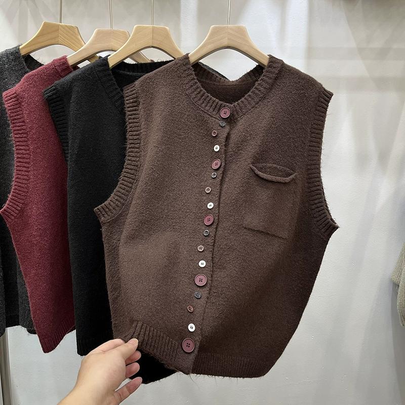 Dimanaf Осень 2025 Женский жилет без рукавов Вязаные свитера Пуговицы Красный Повседневный стиль Свободный свитер