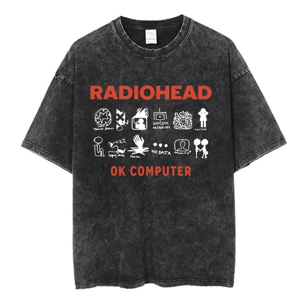 Radiohead Rock Band Tshirt Vintage Washed Oversized Streetwear Men Women Summer Cotton Short Sleeve Graphic Y2k Retro Tee Top