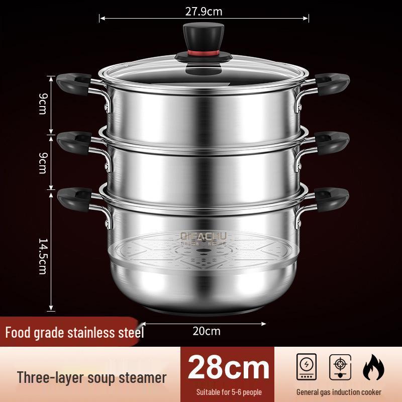 Qiaofangchu 304 Stainless Steel Steamer Pot: Thickened for Cooking Noodles, Soup, and Milk On Induction and Gas Stoves.