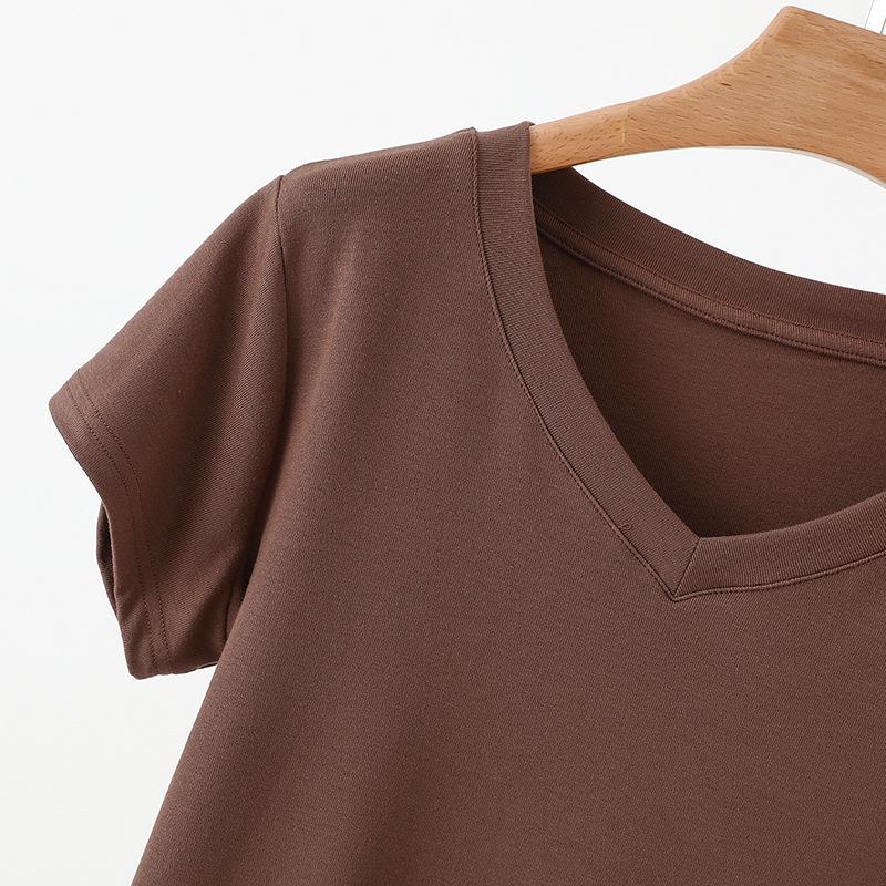 Женская летняя приталенная однотонная футболка с V-образным вырезом и коротким рукавом - Повседневная, универсальная и стильная