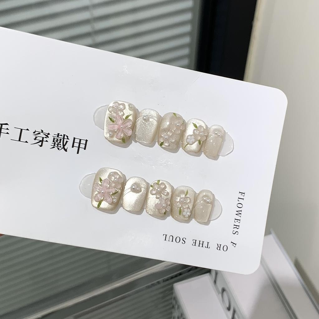 Pure Handmade Light-chasing Cat Eyes Spring and Summer Short Armor Hand-painted Cat Eyes Camellia Nail Stickers