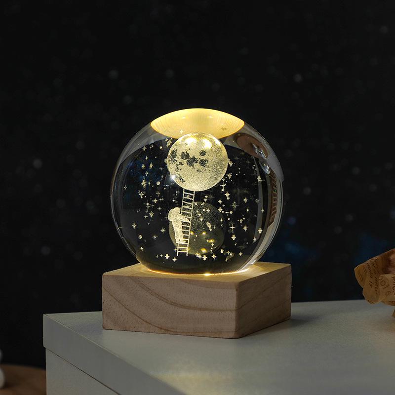 3D Solar System Crystal Ball Night Light with Wooden Base - Luminous Desktop Home Decor & Birthday Gift