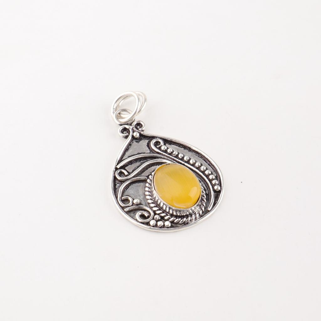 Yellow Cat's Eye Gemstone 925 Sterling Silver Jewelry Handcrafted Pendant 1.45" PP-27-35