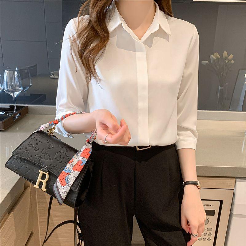 Office Lady Solid Color Blouses Button Turn-down Collar Simple Loose Shirts Tops Women Spring Grace Trend Clothing Plus Size
