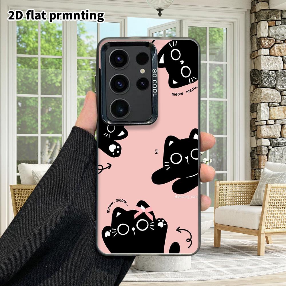 Phone Case: 2D Flat Samsung Galaxy A34 A35 M05 M06 S20 S22 S21 FE Plus 5G Protective Case, Couple Style, Pink Base with Black Cat, Christmas and Hallo