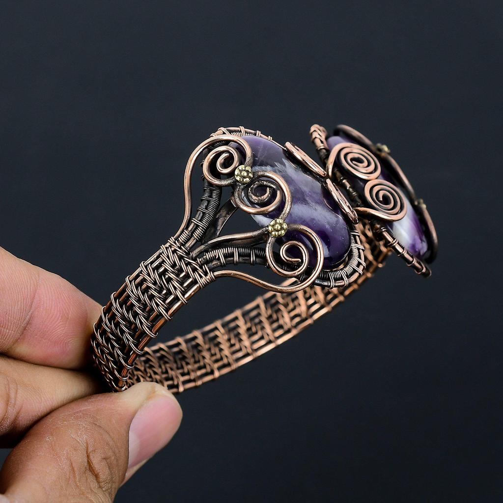 Элегантный аметист, драгоценный камень, чистая медная проволока, завернутая в манжеты/браслет ручной работы, регулируемые ювелирные изделия