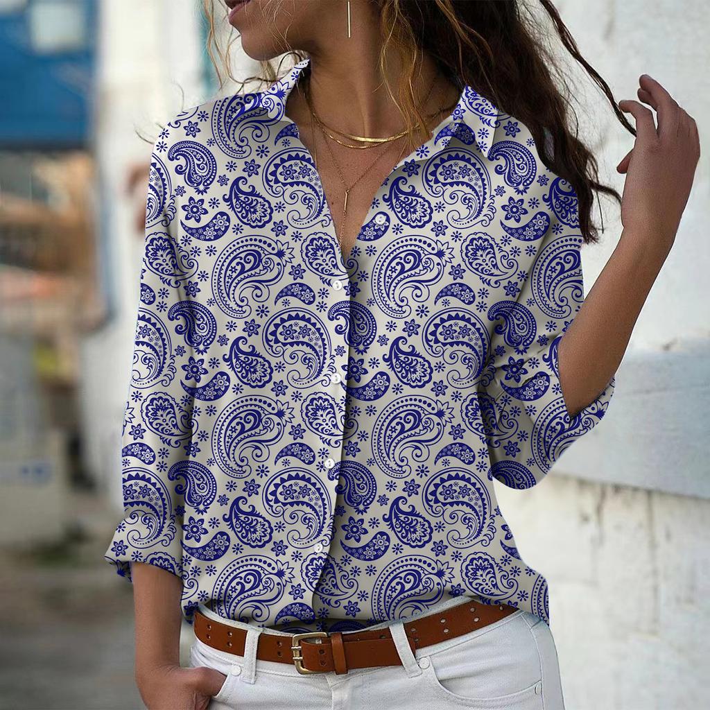 Парамеция Принт Женская Блузка Весна Осень Femme Офисная Дама На Пуговицах Рубашки С Отложным Воротником