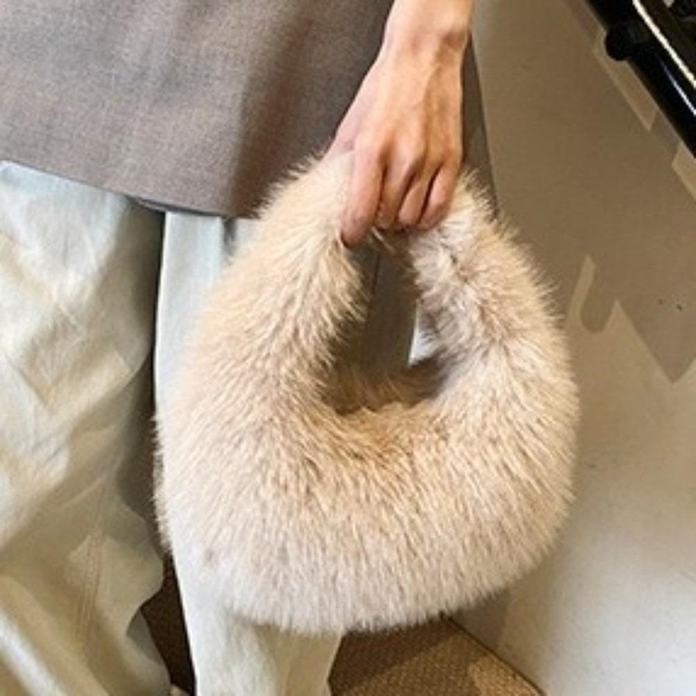 Elegant Faux Furry Texture Purse Half Moon Shape Tote Bag Trend Plush Clutch Handbags Winter