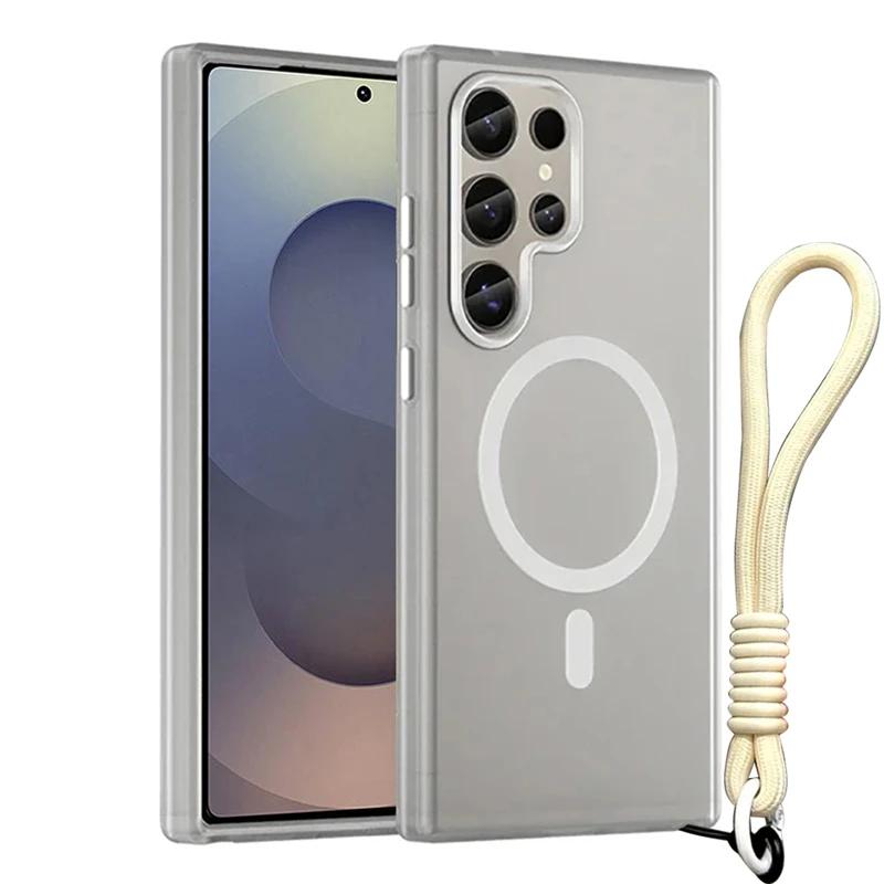 Для Magsafe Матовые Конфетные Чехлы для Телефона с Ремешком на Запястье Для Samsung Galaxy S25 S24 Ultra Plus S24 FE Шнурок Магнитный Ударопрочный Чехол