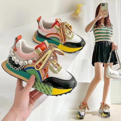 Модная лакированная женская повседневная обувь модная цепочка с бусинами кроссовки на толстой подошве толстая подошва