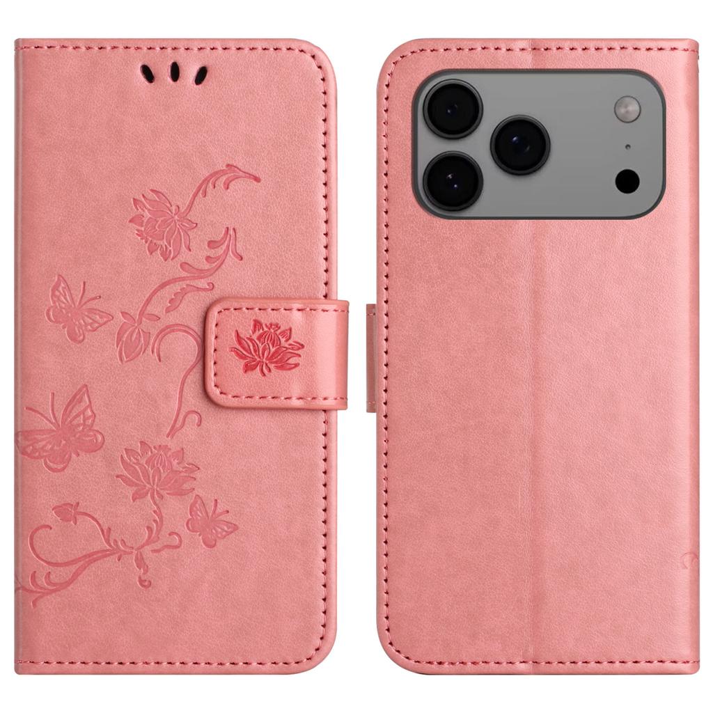 For iPhone 17 Pro Case Wallet Stand Imprinted Butterfly Flower PU Leather Phone Cover