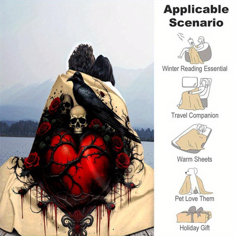1pc Gothic Heart with Ravens Skulls and Red Roses Blanket Soft Throw for Home Decor, Gift Idea, Living Room, Travel, Camping, Car Blankets
