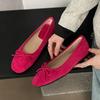 Fashion Rose Red Bowtie Flat Shoes Woman Flock Ballet Flats  Designer Bow Moccasins Big Size 35-42 Slip On Loafers Zapatillas Mujer