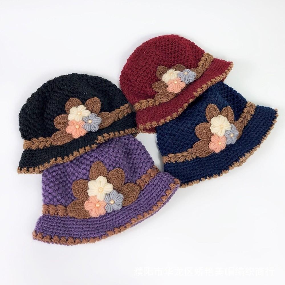 Warm Knitted Bucket Hat Windproof Floral Crochet Hat Vintage Yarn Cloche Hat Winter