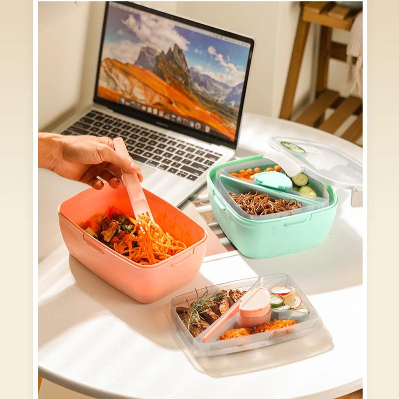 Double Layer Picnic Salad Lunch Box Compartment Bento Boxes with Tableware Carrying Handle Box Reusable Food Storage Containers