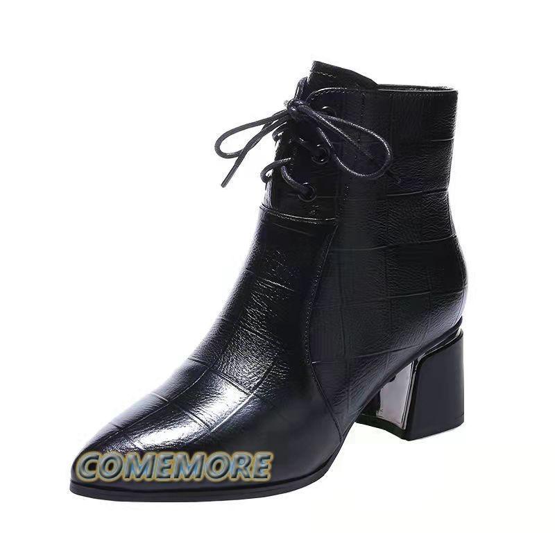 Осень-зима, новые короткие остроносые ботинки 35-42, кожаные, с застежкой-молнией, элегантные, на среднем каблуке, модные ботильоны, повседневная женская обувь 2024 г.