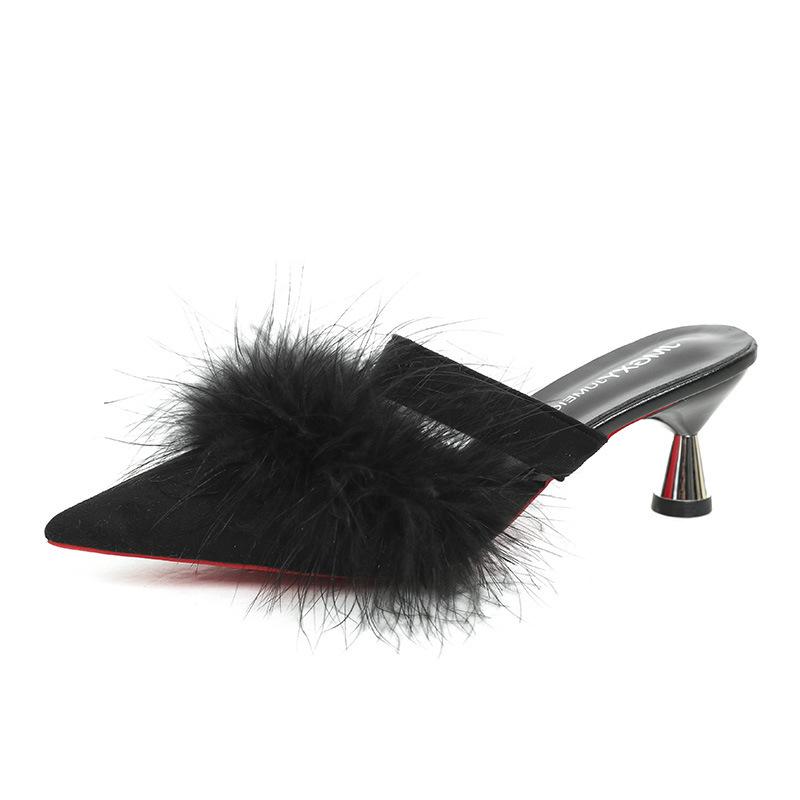 Утренние тапочки на тонком каблуке с высоким каблуком, маленькие размеры, пушистые, прохладные, женские, полудлинные, летние, универсальные, с острым носком, для невесты, осень