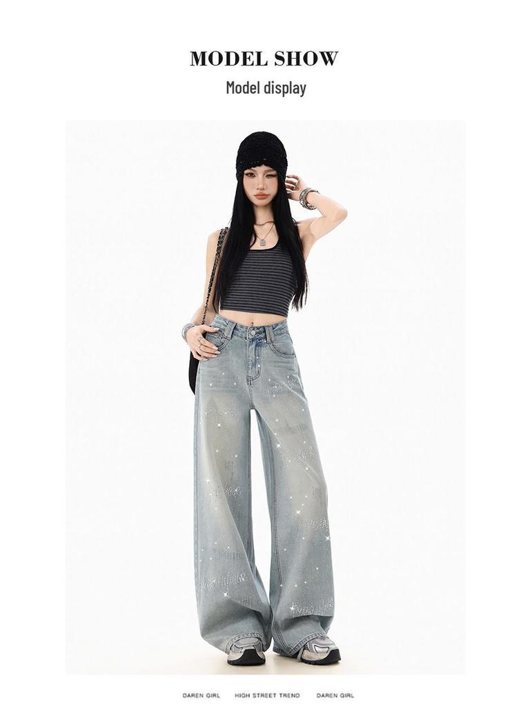 Women's Rhinestone Star Wide Leg Jeans - 2026 Spring/Autumn, Loose & Flattering Floor-Length Pants