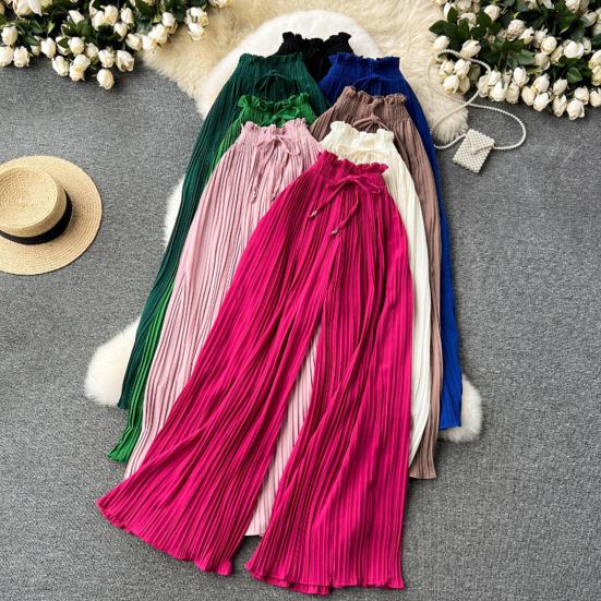 Женские брюки, эластичные брюки с высокой талией, регулируемый шнурок, плиссированные стильные широкие брюки, однотонные повседневные брюки