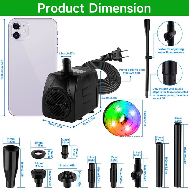 Погружной насос для пруда-фонтана 15 Вт 800 л/ч со светодиодной подсветкой, ультратихий водяной насос, насосы для пруда-фонтана для небольшого пруда