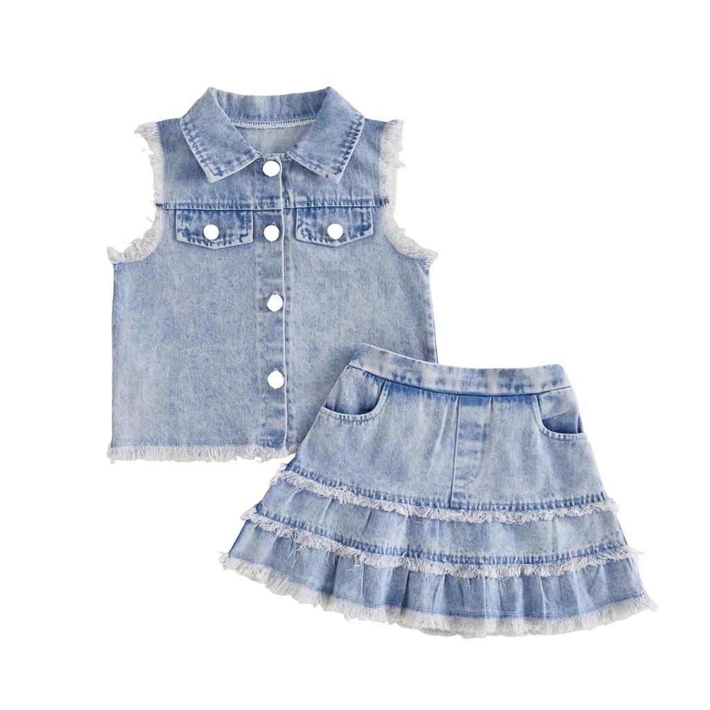 Little Girls Summer Clothing Set Fashionable Solid Color Denim Tank Tops with Ruffle Skirt 2Pcs Outfit