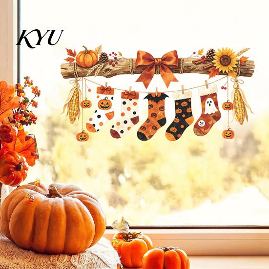 Halloween Glass Decorations Hanging Socks Window Stickers, Decorative Branch Pumpkin Popcorn & Bow Decals for Autumn Maple Leaf Harvest Festival