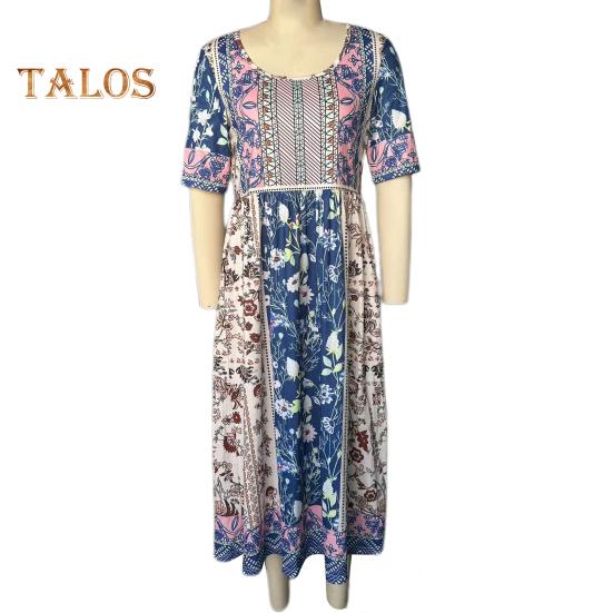 Летнее женское платье Плиссированное этническое платье с принтом А-силуэта Свободный подол Боковые карманы Круглая шея Мягкие богемные короткие рукава До середины икры Женские повседневные миди