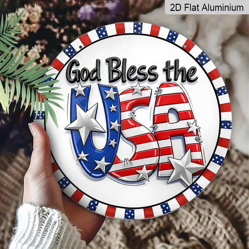 2D Flat, A Round Sign Featuring a Vintage Plaque with The Phrase 'God Bless The USA', Perfect for Patriotic Decor in Living Rooms, Bedrooms