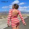 Полосатый трикотаж женское пляжное платье облегающее с открытой спиной с длинным рукавом зеленое повседневное летнее праздничное сексуальное платье для вечеринки