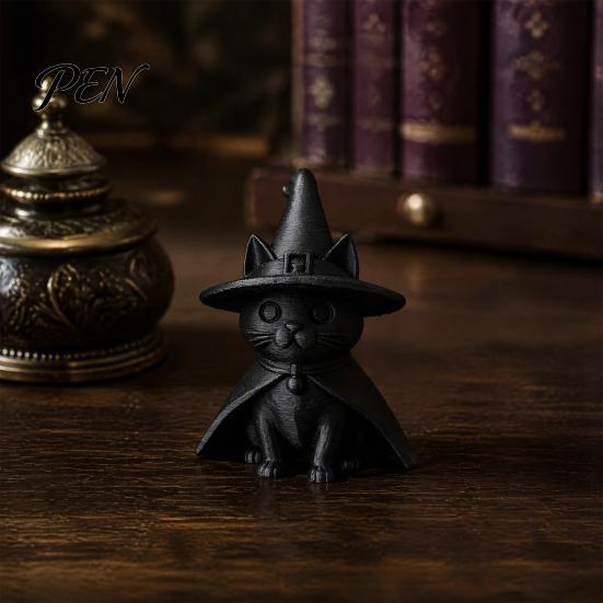 Retro Aesthetic Desk Accessories Gothic Witch Hat Black Cat Figurine, 3D Printed Wizard Cloak Kitten Unique Witchy Room Decor Statue, Spooky