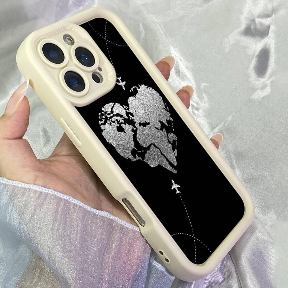 JT571 Бело-черная карта мира в форме сердца для iPhone 17 16 15 14 13 12 Pro Max Samsung S26 S25 Ultra A17 A07 A56 A16 A15 Xiaomi 15T Redmi 15c 14C Мягкий чехол