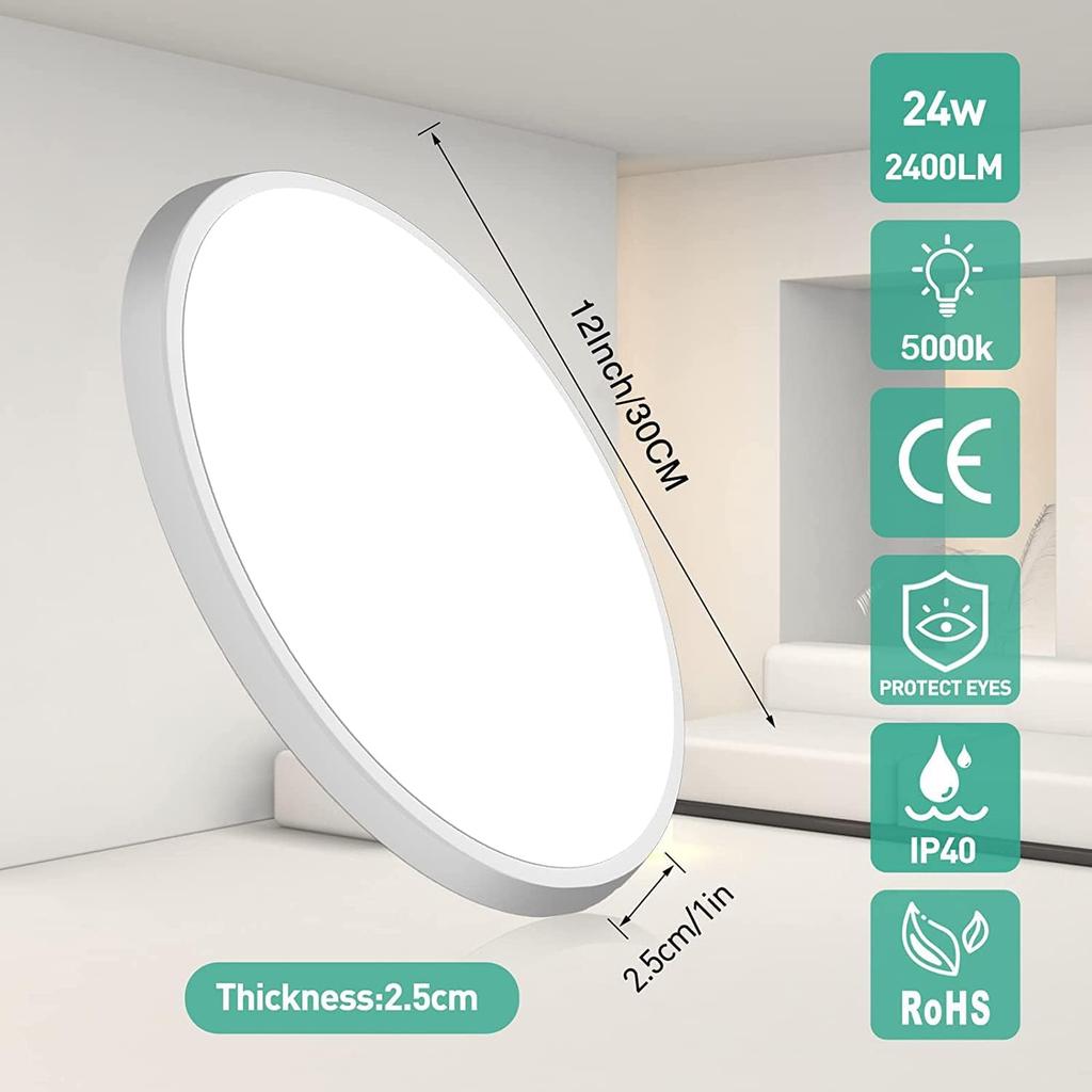 Потолочный светильник с датчиком движения, проводной - 12-дюймовый потолочный светильник со встроенным монтажом, активируемый движением - 24 Вт светодиодный потолочный светильник для кладовой, коридора, крыльца,