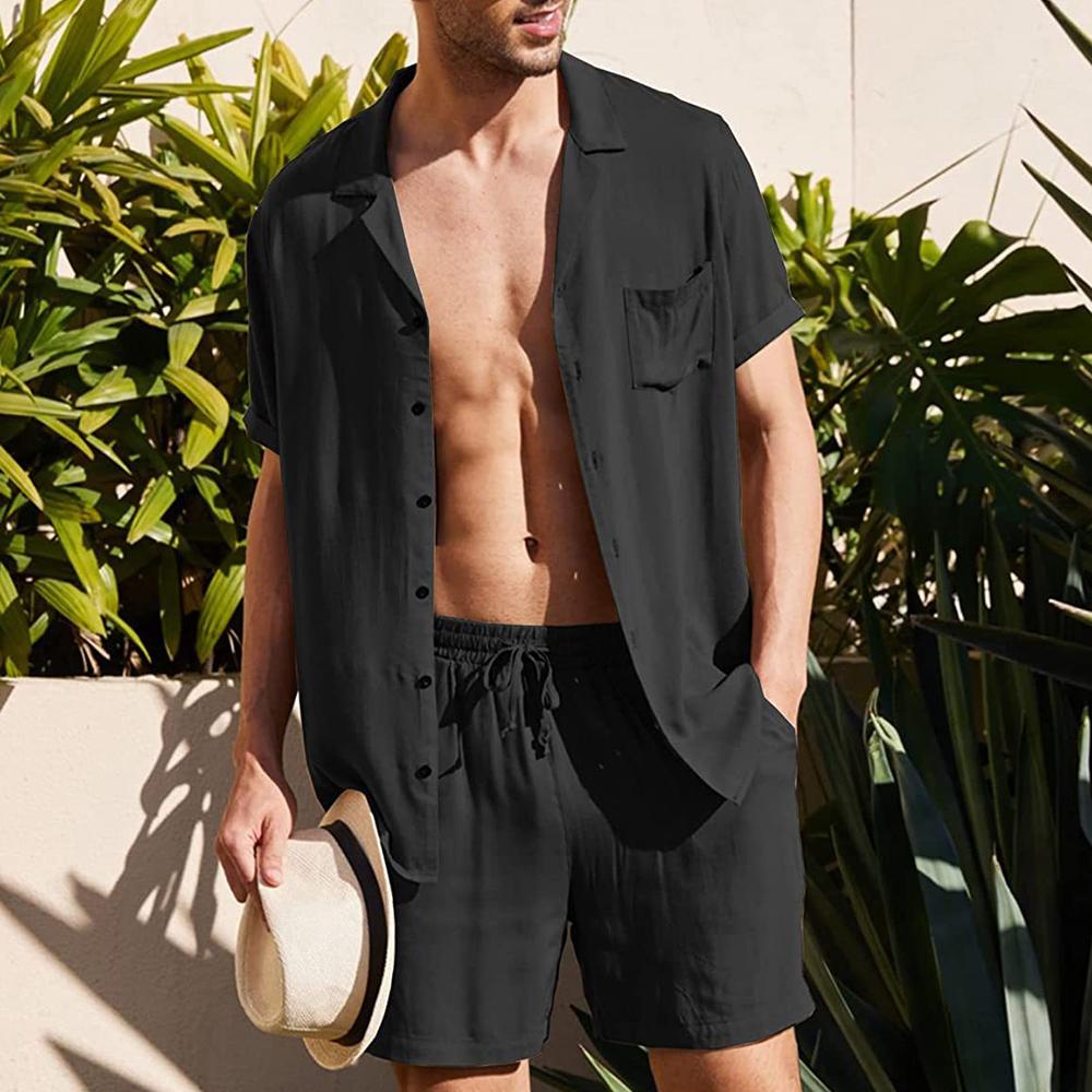 Мужской льняной комплект из 2 предметов с коротким рукавом, отложным воротником, рубашками с карманами и шортами, летние пляжные брюки, мужские костюмы Slim Fit