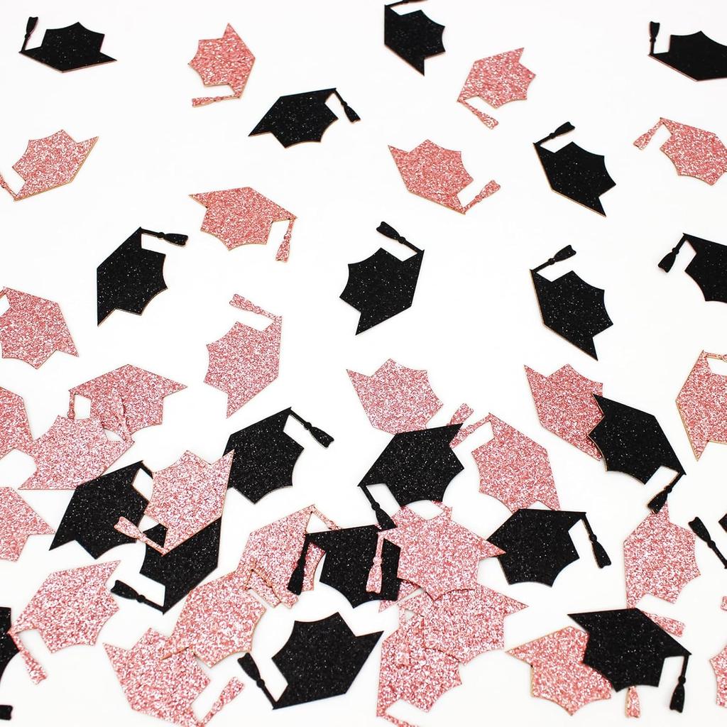 200PC Black Rose Gold Grad Cap Graduation Confetti for Table Glitter Graduation Hat Table Scatter for Class of 2026 Grad Party Decorations