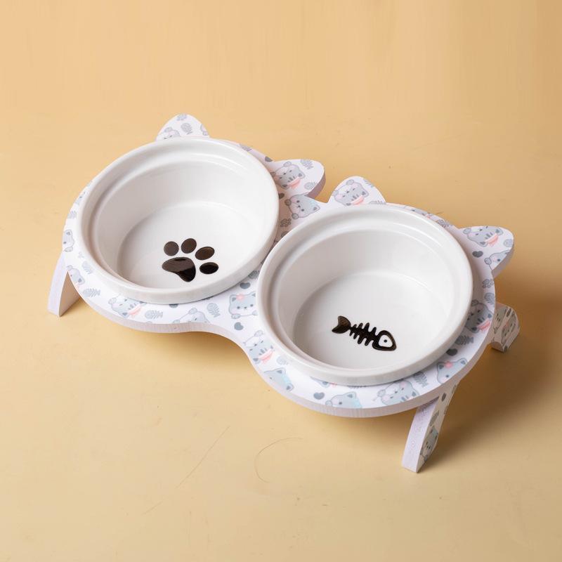 3шт / набор (1 подставка + 2 миски) Нескользящая керамическая двойная миска для корма для кошек и собак — предотвращает проливание и скольжение.
