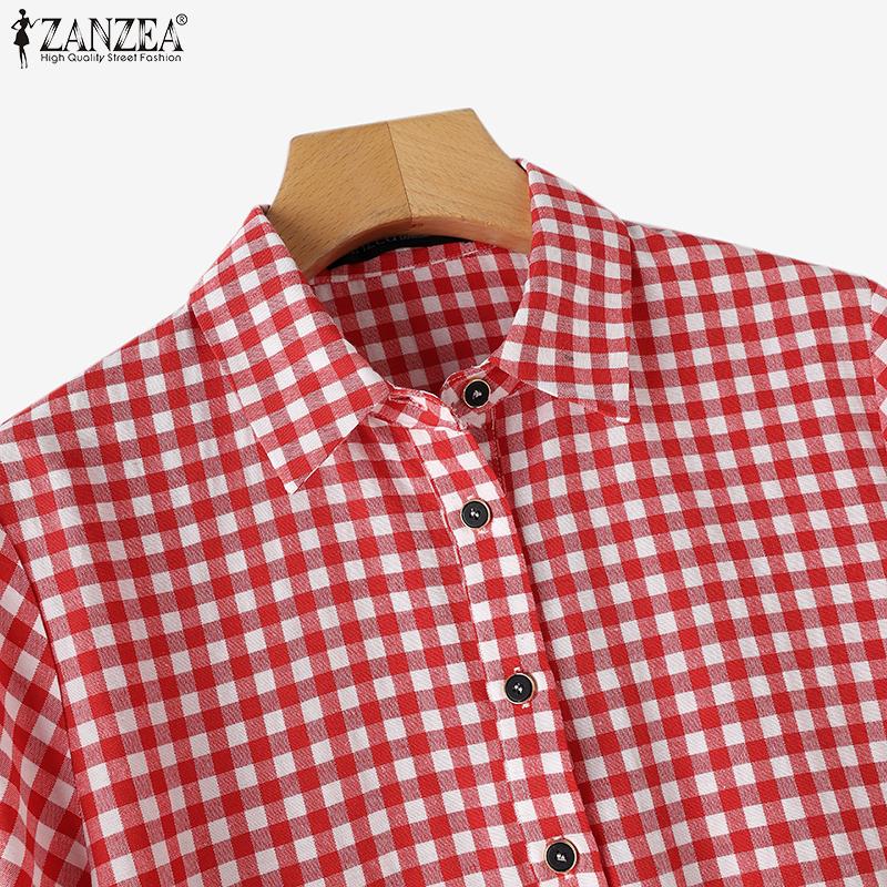 ZANZEA Женская повседневная блузка с отложным воротником и принтом в сетку с рукавами 3/4