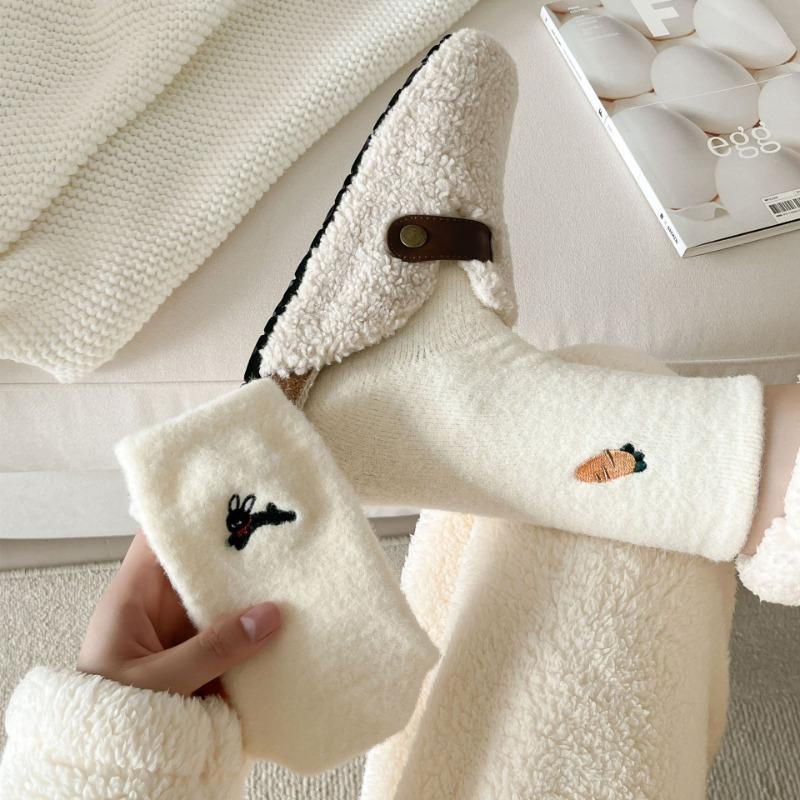 Cute AB Asymmetrical Embroidered Cartoon Women's Socks for Autumn and Winter, Australian Fleece Sleep Thickened Floor Socks