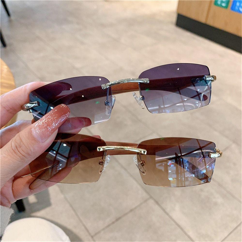 Gradient Rectangle Sun Glasses UV400 Driving Shades Vintage Frameless Eyewear for Women & Men