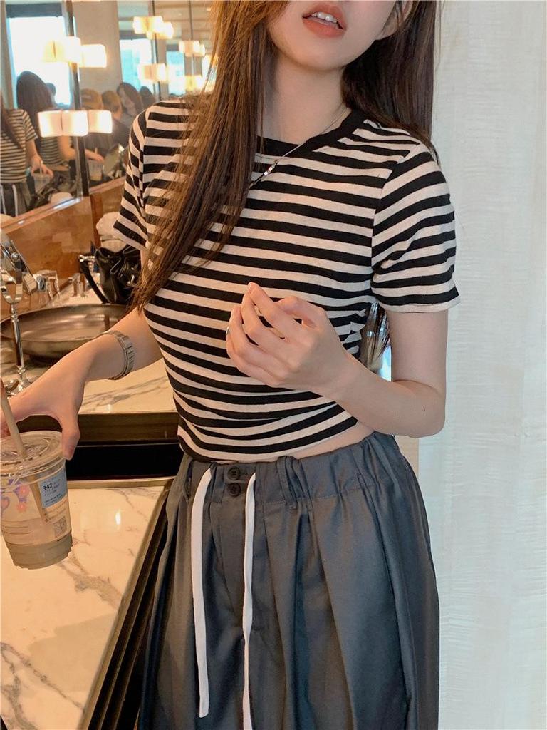 Striped Short-Sleeve French Cotton T-Shirt for Women