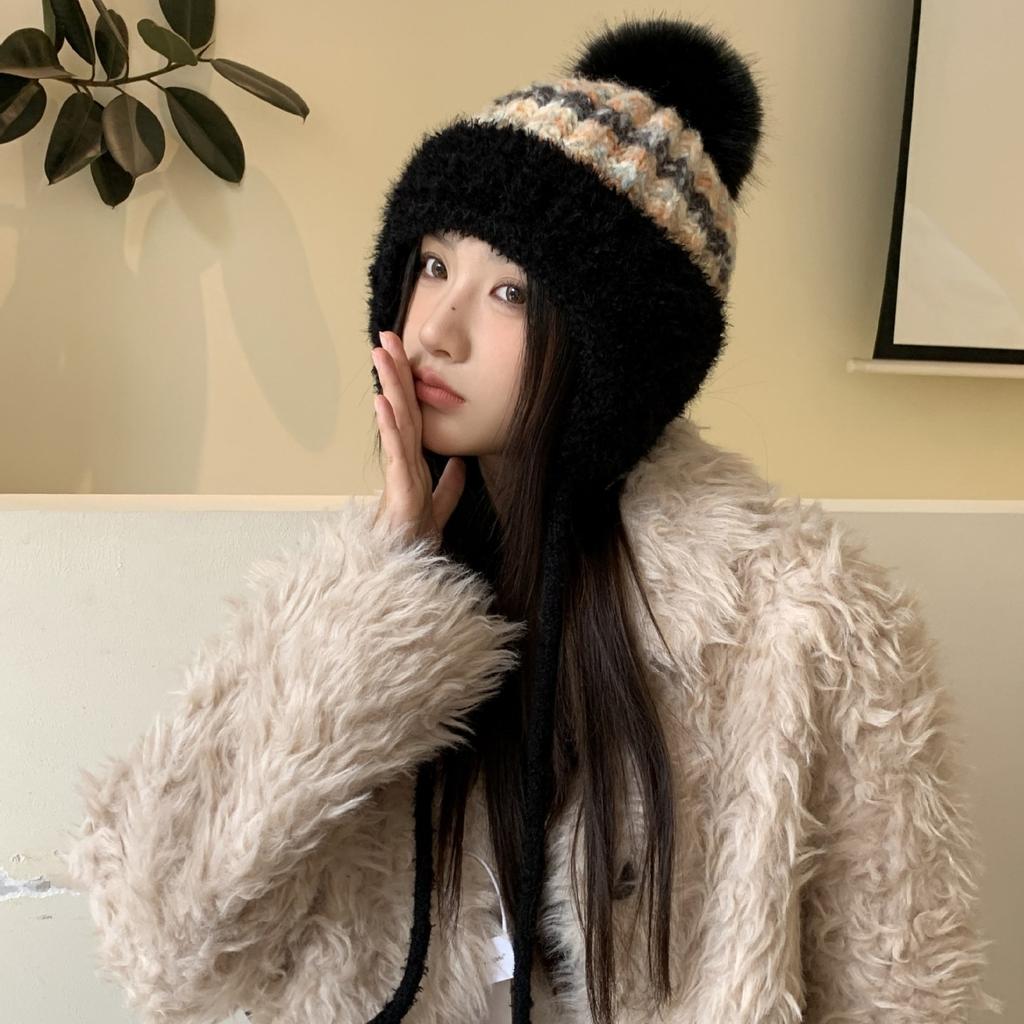 Новая осенне-зимняя теплая плюшевая шапка, вязаная шапка, женская модная шапка с ушками, ветрозащитная шапка