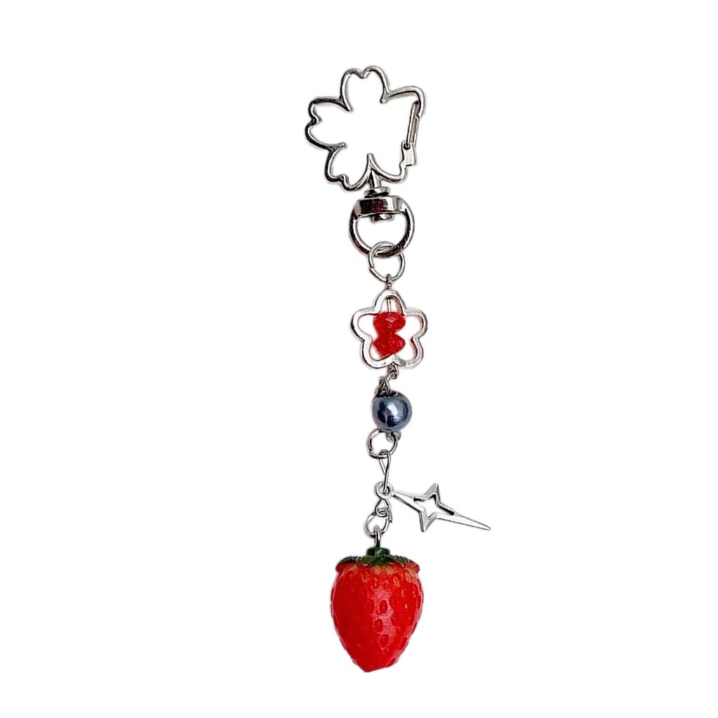 Fashionable Strawberry Pendant Phone Charm Unique Heart Flower Keychain Vibrant Beaded Pendant for Cellphone Camera