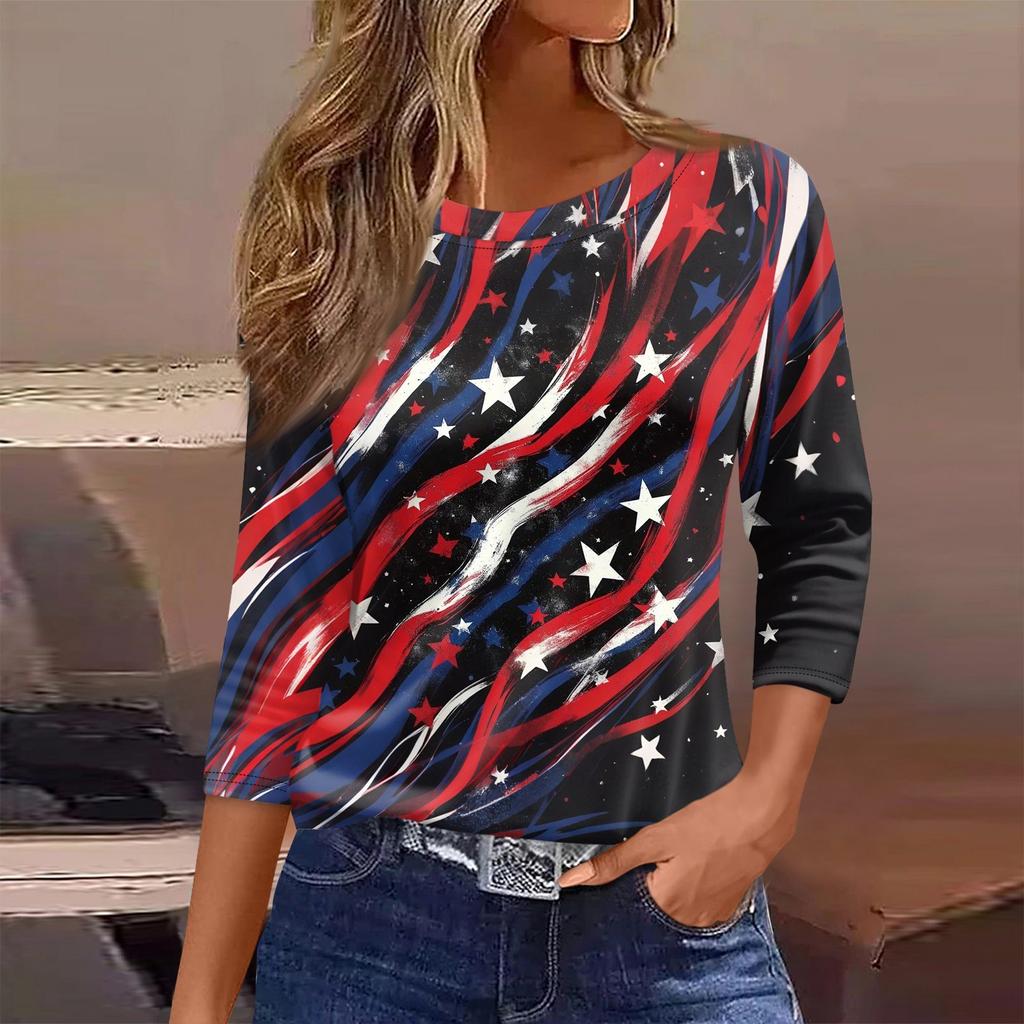 Women’s Long Sleeve Crewneck Top with Printed Star and Stripe Pattern Casual Loose Fit Pullover Shirt for Everyday Wear