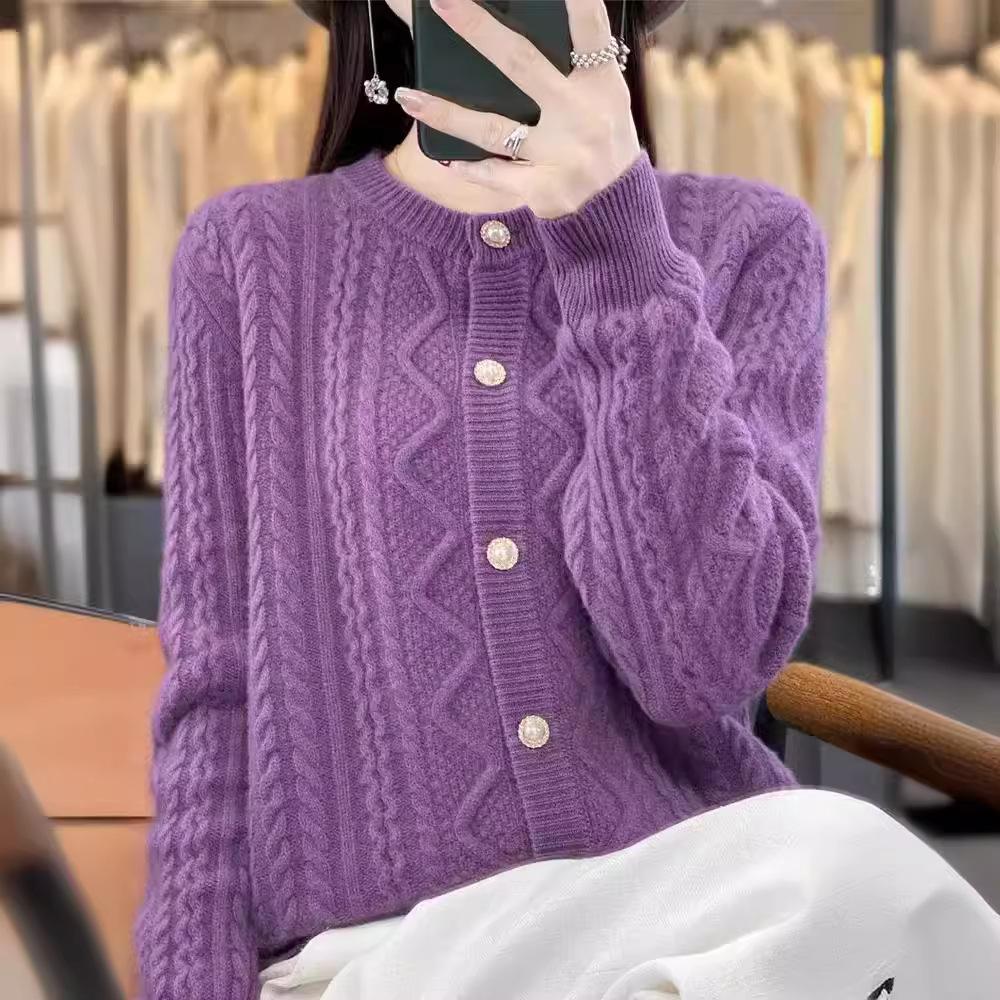 Весенний круглый вырез жакет с закруткой длинный рукав воротник стойка однотонный вязаный кардиган