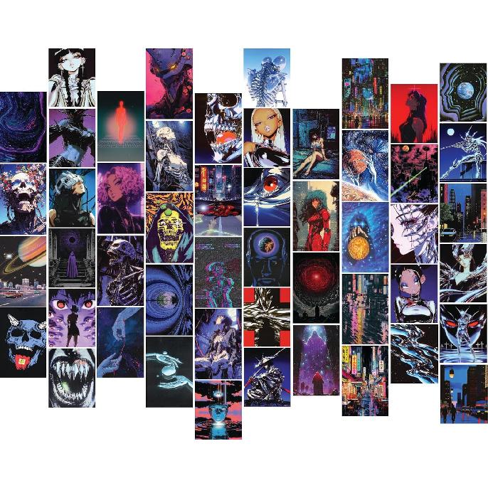 Cyberpunk Retro Futuristic 90s Anime Aesthetic Art Wall Collage Kit for Bedroom - Small 50 PCS Manga Wall Prints Decor Posters - Trippy Unique Grunge