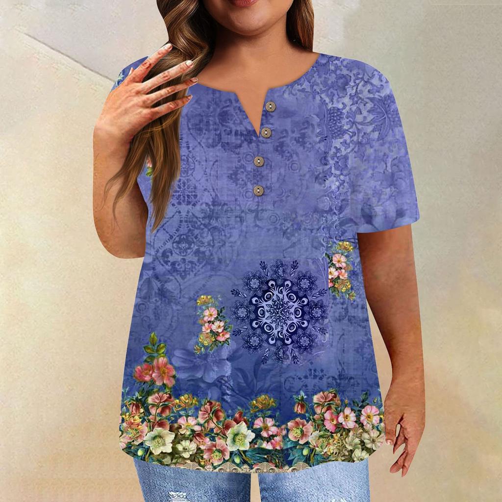 Women's Short Sleeve Shirt Button Plus Size T-Shirt Flower Printed Casual Tops